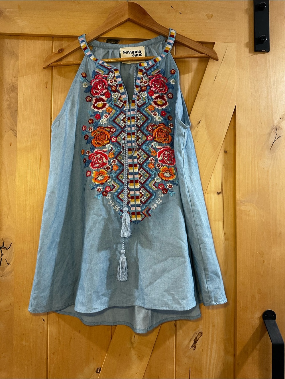 Savanna Jane Light Blue Embroidered Halter Top with Tassels